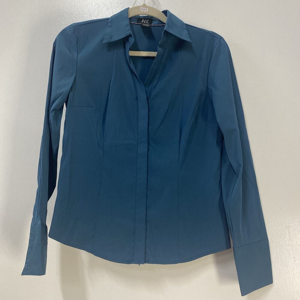 DCC Women Top sz S Blue Green Point Collar Long Sleeve Lightweight Stretch